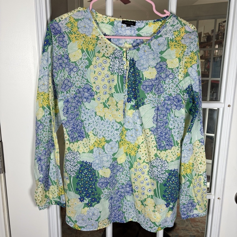 Talbots Garden Floral Popover Blouse Small Blue Yellow Green Cotton Boho